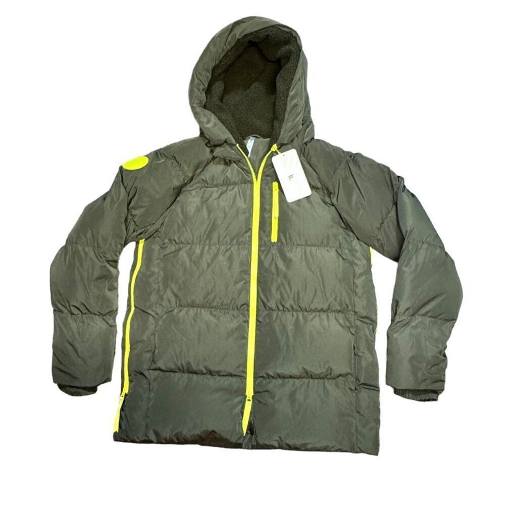 Fabletics Womens Green Hooded Puffer Jacket With Neon Zippers Coat Size S NEW